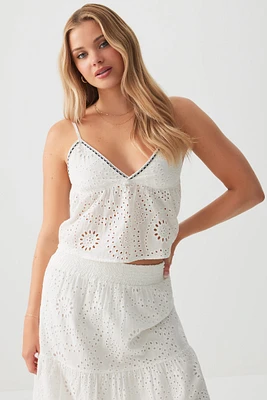 Ardene Eyelet Tank Top with Ribbon in White | Size | 100% Cotton