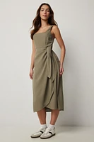 Ardene Linen Blend Midi Wrap Dress in Khaki | Size | Viscose