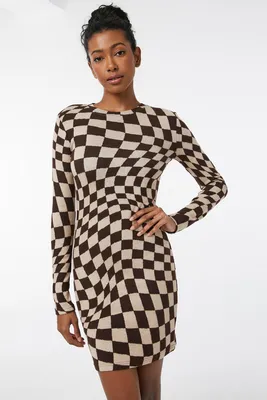 Ardene Wavy Checkered Mock Neck Bodycon Dress in Brown | Size | Polyester/Spandex/Viscose