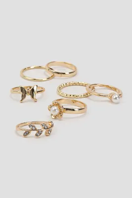 Ardene 7-Pack Butterfly & Leaf Rings in Gold | Size
