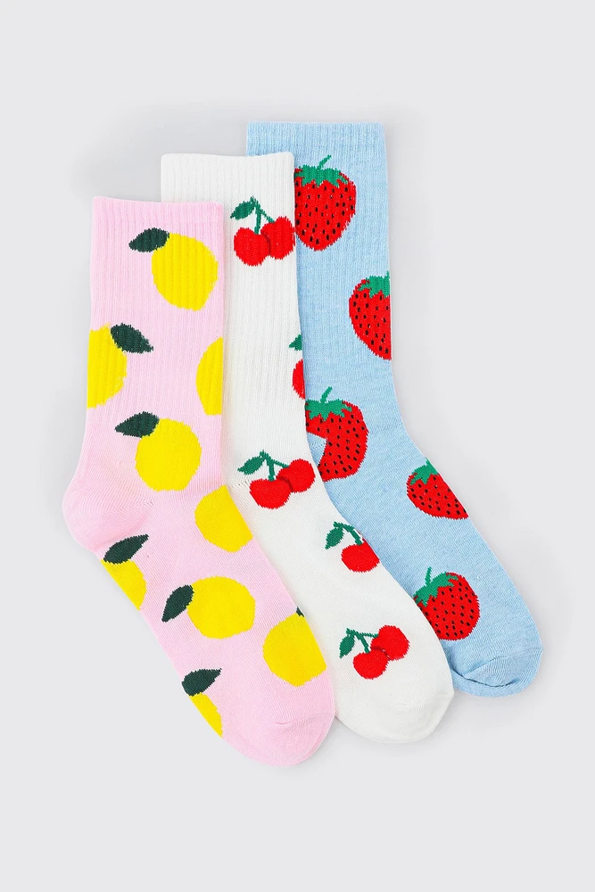 Ardene 3-Pack Fruit Printed Crew Socks | Polyester/Spandex