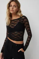 Ardene Long Sleeve Scoop Back Lace Top in | Size | Elastane/Polyamide