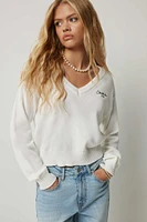 Ardene Embroidered Crop V-Neck Sweater in White | Size | Polyester/Cotton