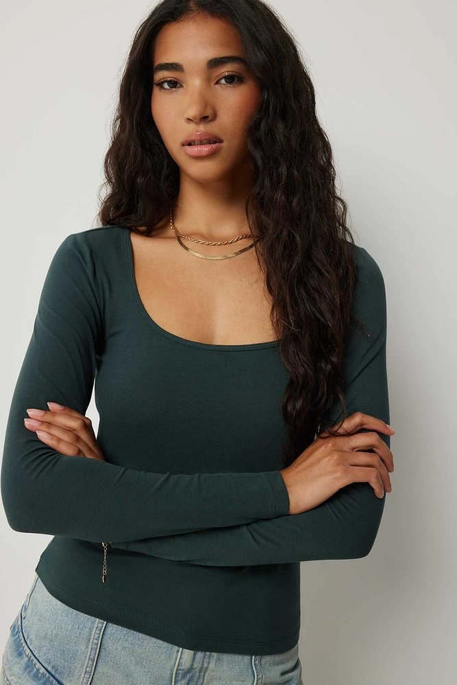 Ardene Basic Long Sleeve Square Neck T-Shirt in Dark Green | Size | Cotton/Elastane | Eco-Conscious