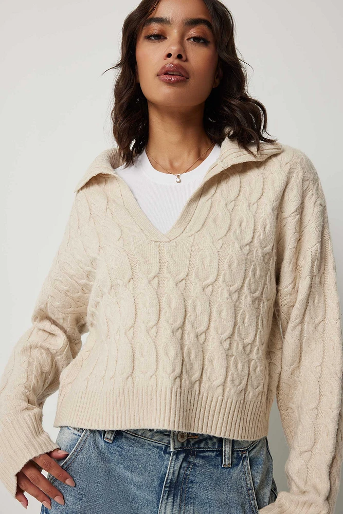 Ardene Cable Knit Johnny Collar Sweater in Beige | Size | Polyester | Eco-Conscious