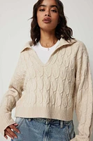 Ardene Cable Knit Johnny Collar Sweater in Beige | Size | Polyester | Eco-Conscious