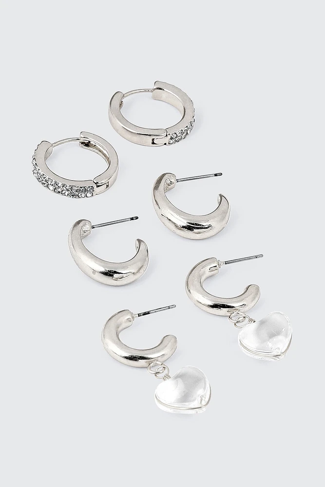 Ardene 3-Pack Crystal & Heart Hoops in Silver | Stainless Steel