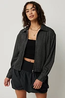 Ardene Striped Collared Jacket in Dark Grey | Size | Polyester/Rayon/Spandex