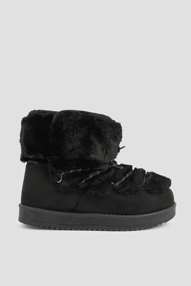 Ardene Wraparound-Lace Faux Sheep Boots in Black | Size | Microfiber | Eco-Conscious