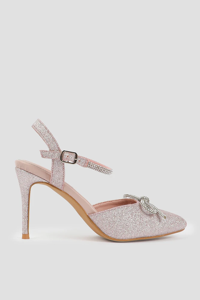 Ardene Glitter Pumps with Rhinestone Bow in Light Pink | Size