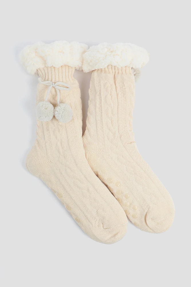 Ardene Cable Knit Slipper Socks in Beige | Polyester/Spandex