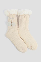 Ardene Cable Knit Slipper Socks in Beige | Polyester/Spandex