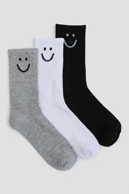 Ardene 3-Pack of Smiley Face Crew Socks in Grey | Polyester/Spandex