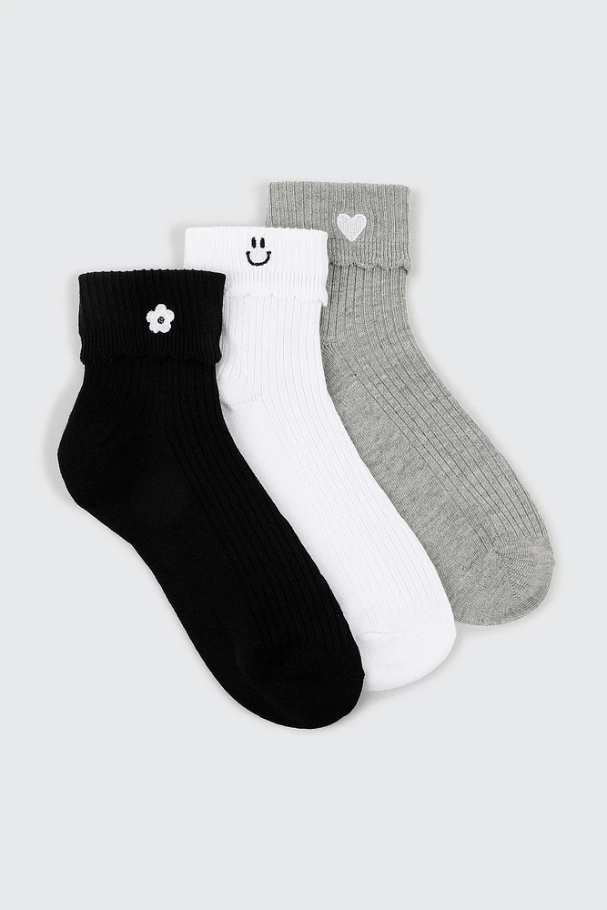 Ardene 3-Pack of Folded Cuff Demi Crew Socks in Grey | Polyester/Spandex