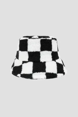 Ardene Checkerboard Teddy Bucket Hat in Black | Polyester