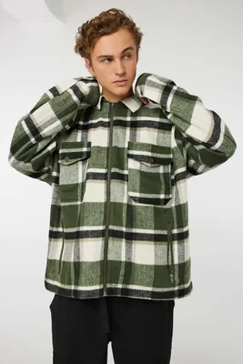 Ardene Man Plaid Zip-Up Shacket For Men in Dark Green | Size | Polyester/Polyamide