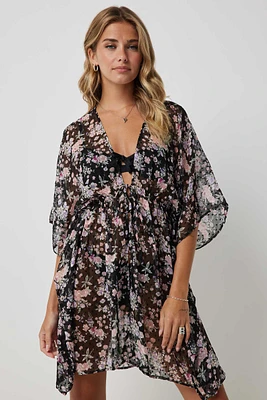 Ardene Floral Tie Front Swim Cover Up in Black | Polyester