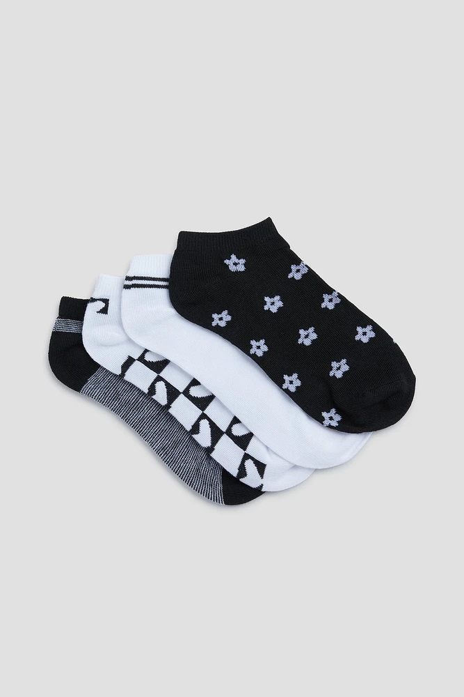 Ardene 4-Pack Printed Ankle Socks in Black | Polyester/Spandex