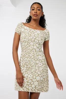 Ardene Puff Sleeve Mini Dress in Beige | Size | Polyester/Spandex
