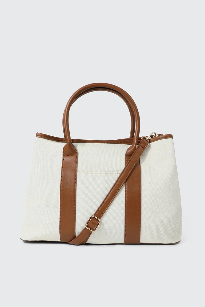 Ardene Tote Bag in White | 100% Recycled Polyester/Faux Leather | Eco-Conscious