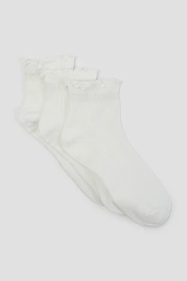 Ardene 3-Pack Ruffle Trim Demi Crew Socks in White | Polyester/Spandex