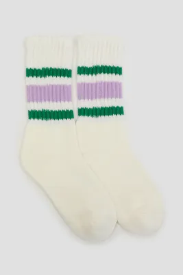 Ardene Terry-Lined Striped Crew Socks in White | Polyester/Spandex/Cotton