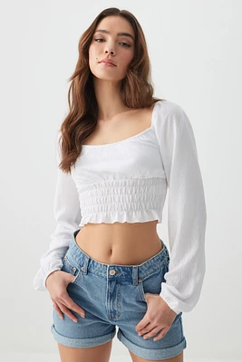 Ardene Smocked Crinkled Long Sleeve Top in White | Size | Polyester/Elastane
