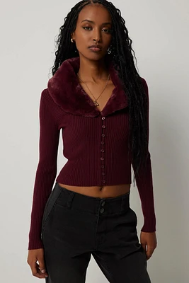 Ardene Faux Fur Collar Crop Cardigan in Burgundy | Size | Polyester/Nylon/Viscose