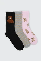 Ardene 3-Pack Bear Print Crew Socks | Polyester/Spandex