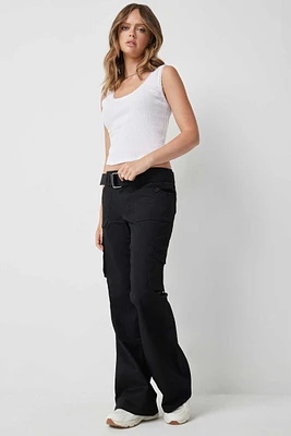 Ardene Flare Cargo Pants with Belt in Black | Size | Spandex/Cotton