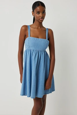Ardene Denim Mini Babydoll Dress in Medium Blue | Size | 100% Cotton