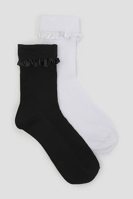 Ardene 2-Pack of Satin Trim Crew Socks in Black | Polyester/Spandex