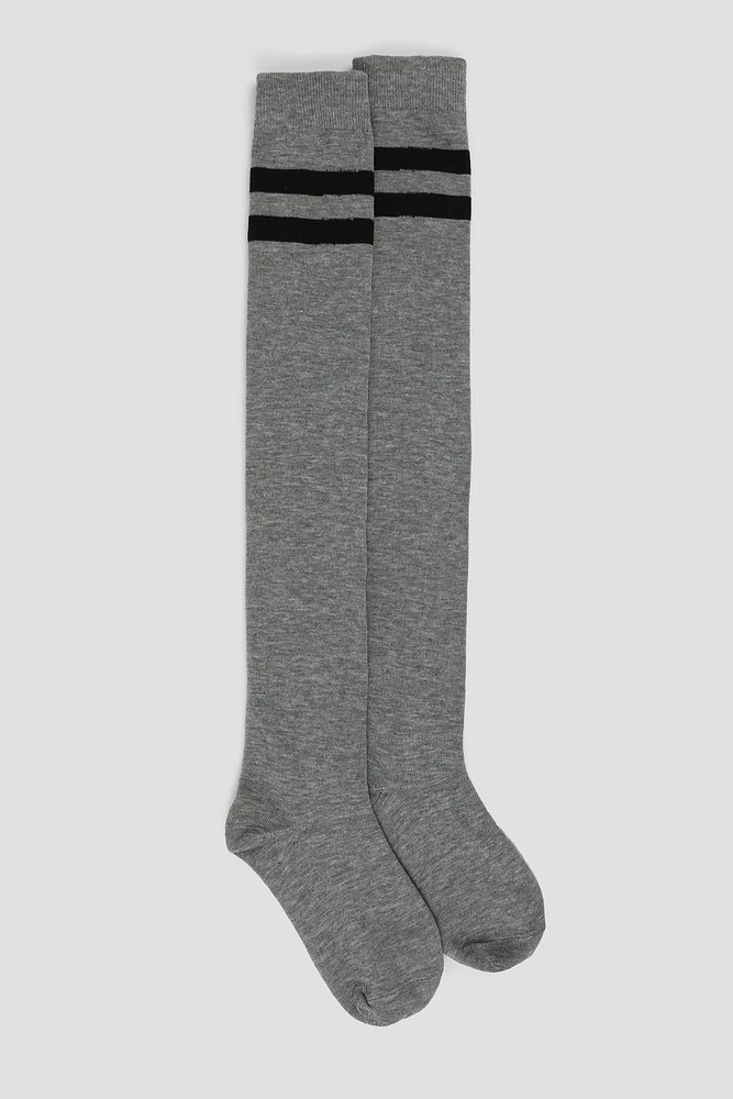 Ardene Over-the-Knee Socks with Accent strips in Dark Grey | Polyester/Spandex