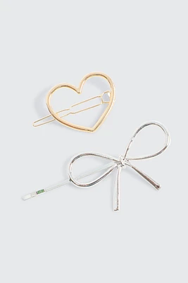 Ardene 2-Pack Heart & Bow Hair Pins in Gold