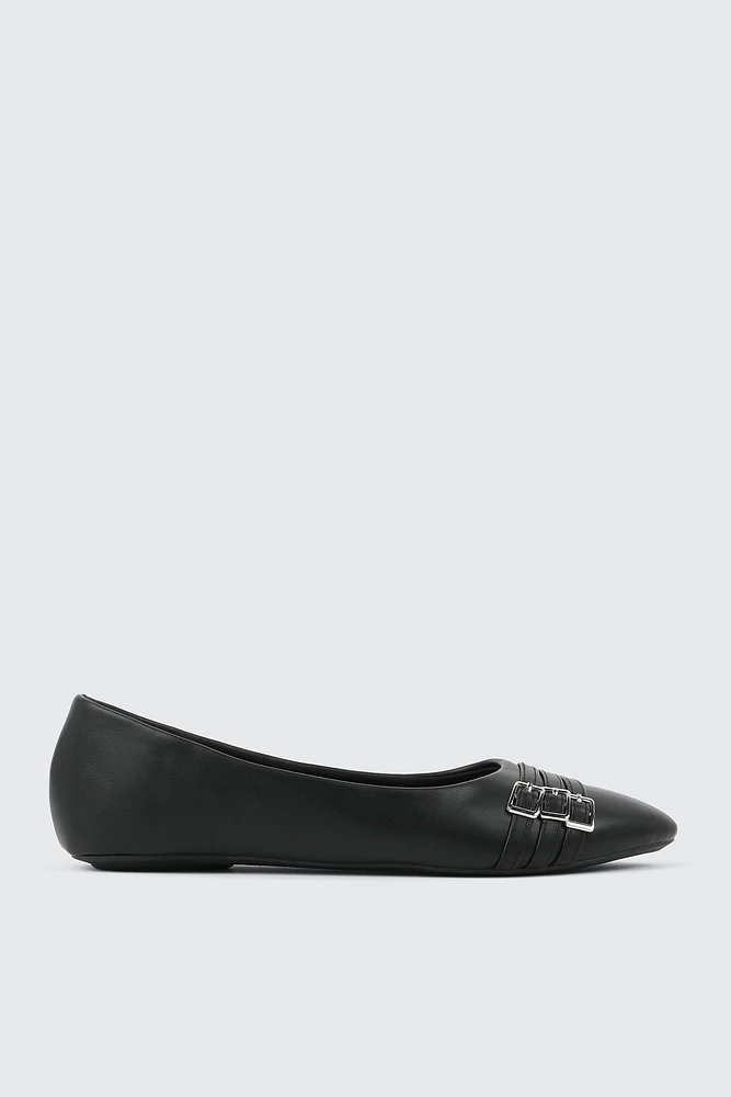 Ardene Multi Straps Ballet Flats with Buckles in Black | Size | Faux Leather | Eco-Conscious