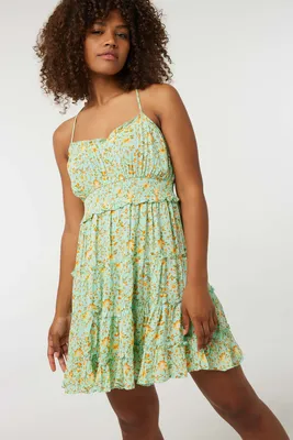 Ardene Floral Tiered Mini Dress in Light Green | Size | Rayon