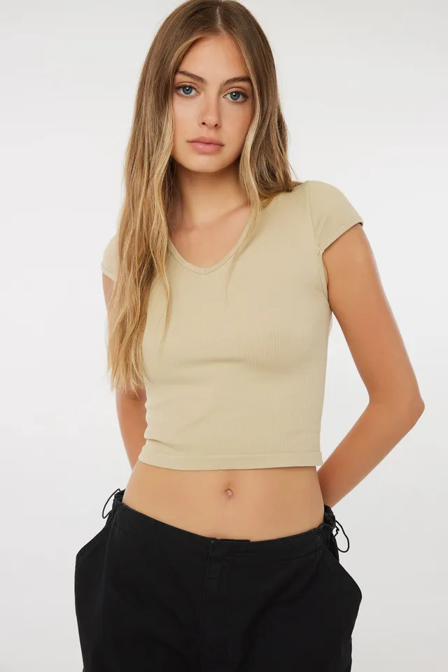 Ardene Cap Sleeve Seamless Tee in Beige, Size