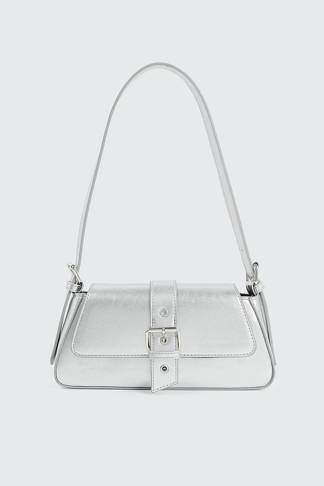 Ardene Shoulder Bag with Buckle in Silver | 100% Recycled Polyester/Faux Leather | Eco-Conscious