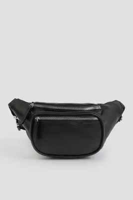 Ardene Two-Compartment Faux Leather Fanny Pack in Black | Faux Leather/Polyester