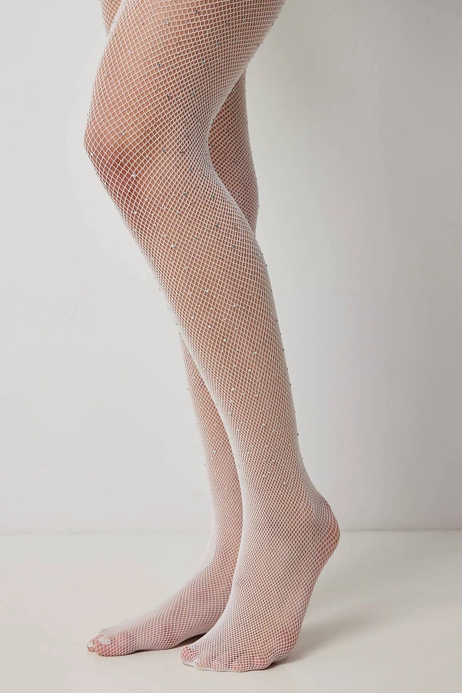 Ardene Tights with Crystals in White | Spandex/Polyamide