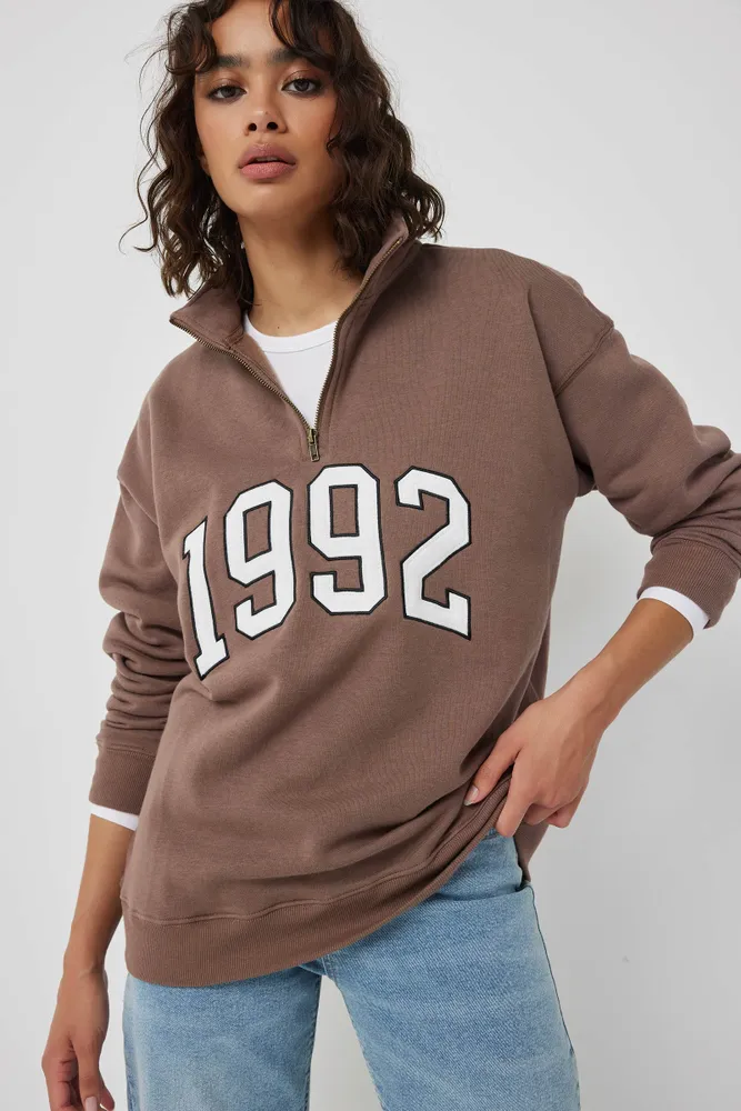 Ardene Embroidered Oversized Half Zip Sweatshirt in | Size | Polyester/Cotton | Fleece-Lined