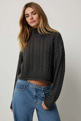 Ardene Crop Mock Neck Cable Sweater in Dark Grey | Size | 100% Acrylic