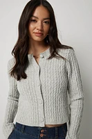 Ardene Cable Knit Crop Cardigan in Grey | Size Large | Polyester/Spandex