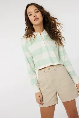 Ardene Striped Cropped Boxy Polo in Light Green | Size | 100% Cotton