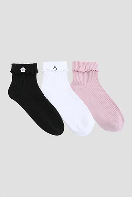 Ardene 3-Pack of Folded Cuff Demi Crew Socks in Light Pink | Polyester/Spandex