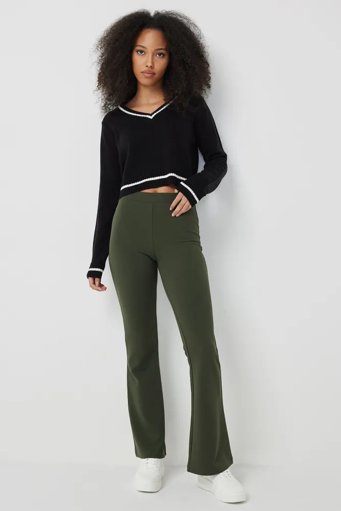 Ardene Flare Crepe Knit Pants in Khaki, Size, Polyester/Spandex