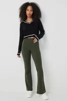 Ardene Flare Crepe Knit Pants in Khaki | Size Large | Polyester/Spandex