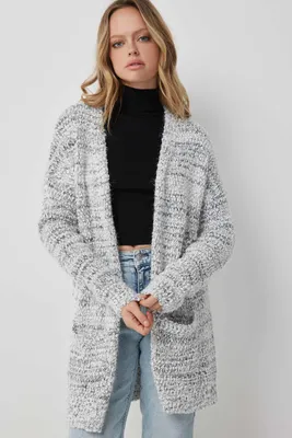 Ardene Fuzzy Long Open Cardigan in Light Grey | Size | Polyester/Nylon