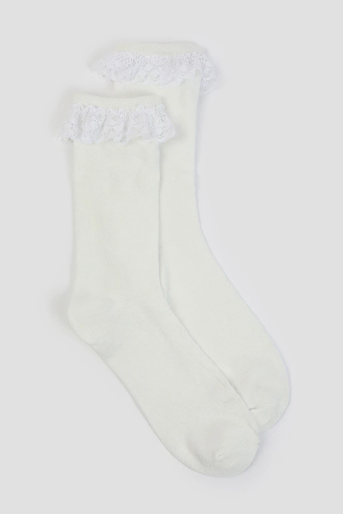 Ardene Lace Trim Crew Socks in White | Polyester/Spandex