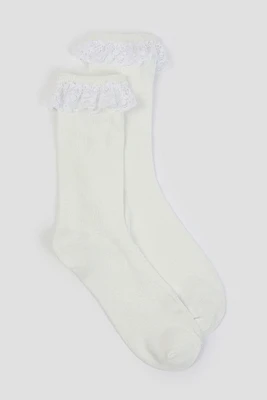 Ardene Lace Trim Crew Socks in White | Polyester/Spandex